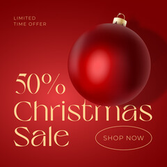 Wall Mural - Christmas Vector Advertising Social Media Post Card or Poster. Season Promo Background with Realistic Red Bauble and Sale Text Copy Space. New Year Winter Holidays Discount Social Networks Template