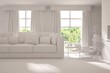 © AntonSh - Mock up of stylish room in white color with sofa and green landscape in window. Scandinavian interior design. 3D illustration