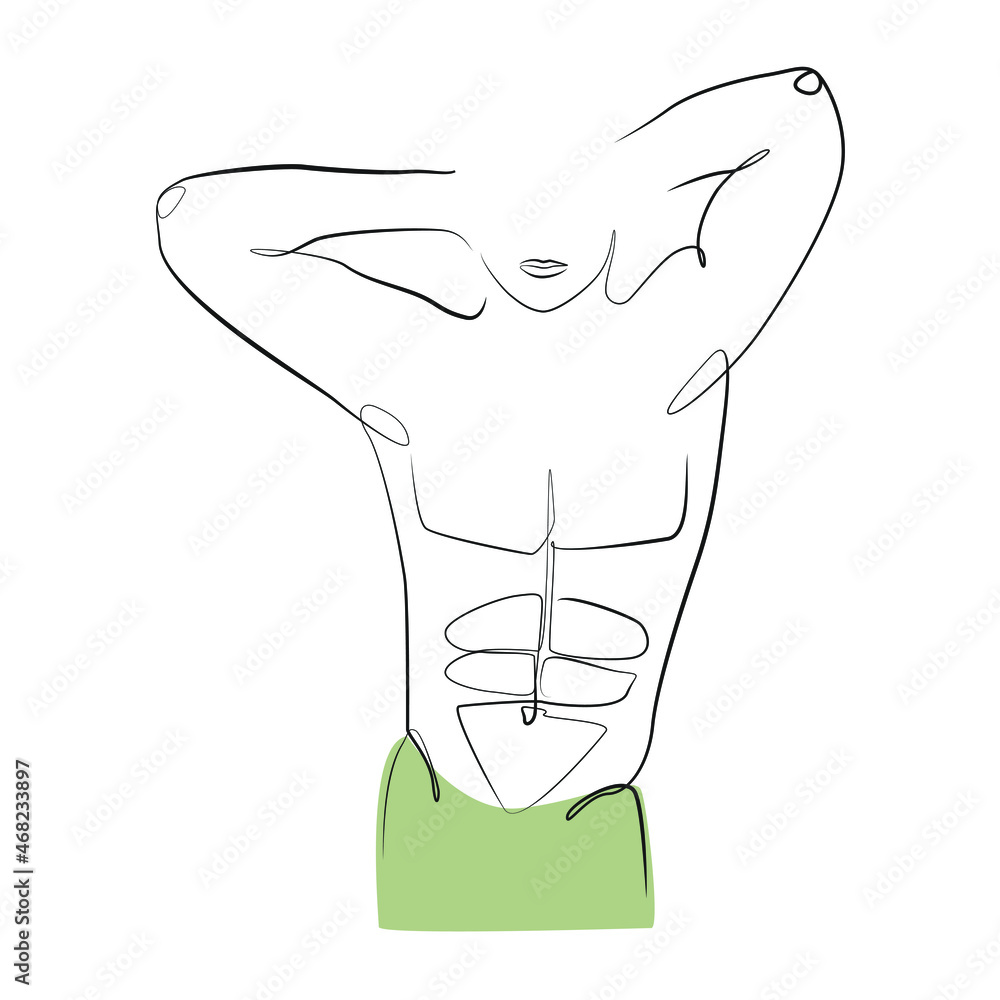 Athletic man stands, holding hands behind his head, one line drawing ...