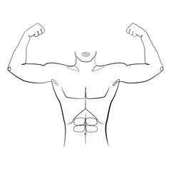 Poster - Athletic man stands, holding hands behind his head, one line drawing. Bodybuilder on a white isolated background. Vector illustration