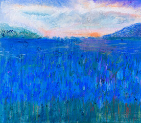 Sticker - pink sunset over field of blue iris flowers hand painted with dry pastels on white textured paper