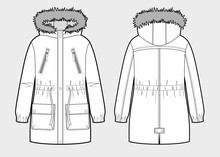 Vector Illustration Of Women's Parka With Fur On The Hood