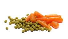Cooked Baby Carrots And Green Peas Isolated On White Background