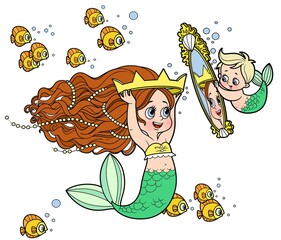 Poster - Cute little mermaid girl measures the crown in front of the mirror held by the child mermaid color variation for coloring page