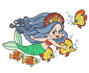 Poster - Cute little mermaid girl swimming with a flock of fish nearby color variation for coloring page