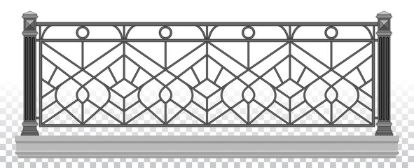 Classic Iron Railing With Metal Pillars. Art Deco. Handrails. Balcony. Terrace. Urban Design. Luxury Modern Architecture. Palace. Wrought Iron Fence. Blacksmithing. Template. Isolated. White. Vector.	