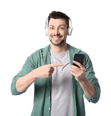 Sticker - Man with phone and headphones on white background