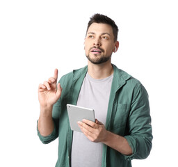 Canvas Print - Man with tablet computer and earphones on white background