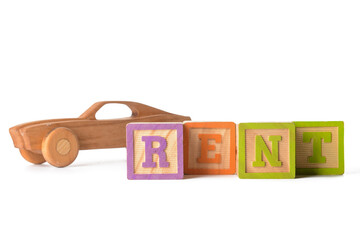 Poster - Wooden car with word RENT on white background