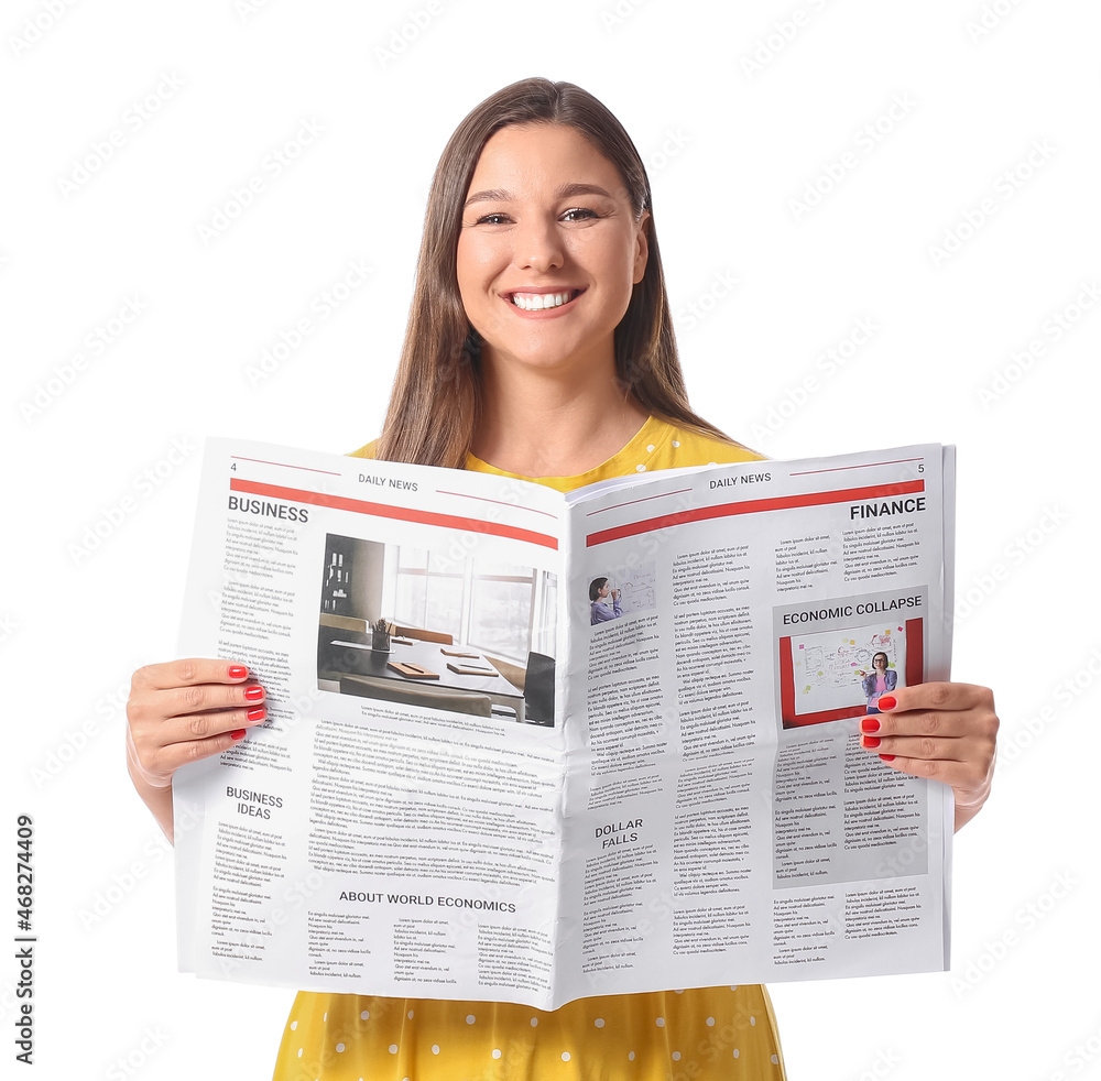 Smiling young woman with newspaper on white background
