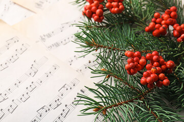 Poster - Fir branches with rowan on note sheets, closeup