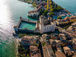 Aerial view of Castello Scaligero (Scaligero Castle), an ancient fortress along Sirmione coastal, Lombardy, italy.