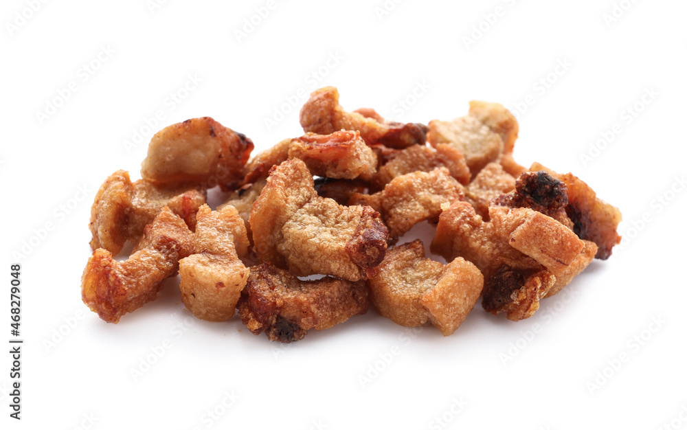 Heap of tasty cracklings on white background