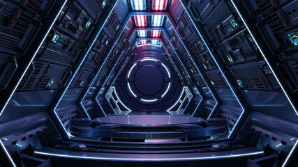 Futuristic sci fi empty podium in room with for product presentation.
