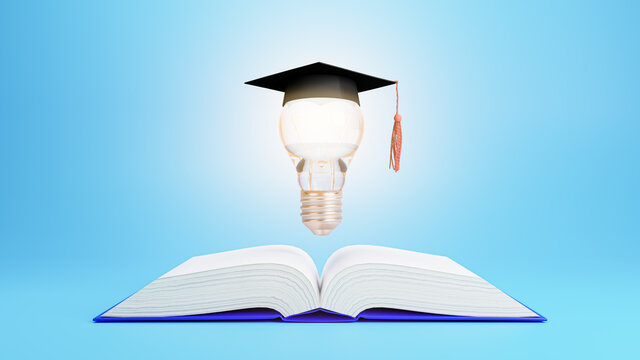 Open book with Graduation hat on light bulb. Education, learning on school and university or idea concept. 3d illustration.