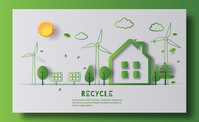 Wall Mural - Eco-friendly home with cutting-edge technology, including solar cells and a windmill, paper illustration, and 3d paper.