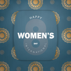 Wall Mural - Postcard template 8 march international womens day in blue color with vintage gold ornament