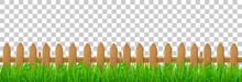 Wooden Picket Fence And Green Grass, Backyard, Garden Lawn Or Grassland Landscape. Vector Realistic Seamless Border With Barrier With Brown Wood Texture And Summer Meadow Plants