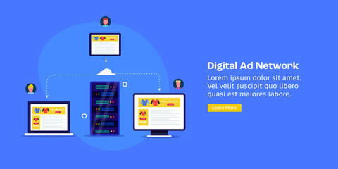 Wall Mural - digital ad network, programmatic media advertising, cloud server distributing ads to digital devices