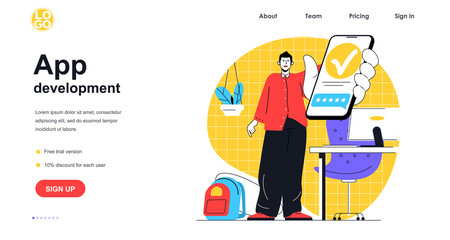 Fototapete - App development web banner concept. Developer programming smartphone mobile application, optimization interface, programmer landing page template. Vector illustration with people scene in flat design
