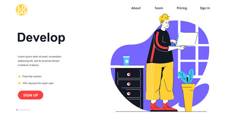 Aufkleber - Develop software web banner concept. Man programmer working on laptop, programming and coding website or application, landing page template. Vector illustration with people scene in flat design