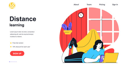 Poster - Distance learning web banner concept. Woman student studying using laptop and smartphone at home, watching online courses, landing page template. Vector illustration with people scene in flat design