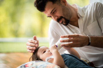 happy family concept with father and son cild, childhood lifestyle at home together