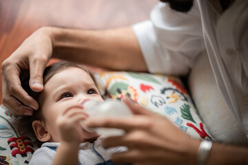 happy family concept with father and son cild, childhood lifestyle at home together