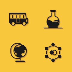 Wall Mural - Set School Bus, Molecule, Earth globe and Test tube icon with long shadow. Vector