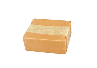 Closed cardboard box with transparent packing tape isolated on white background , clipping path