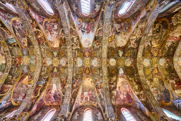 Painted roof. Landmark San Nicolas church in Valencia. Spain