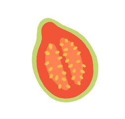 Wall Mural - Guava half with pink pulp and skin. Cut piece of exotic fruit, top view. Icon of tropical guajava drawn in doodle style. Fresh vitamin food. Flat vector illustration isolated on white background