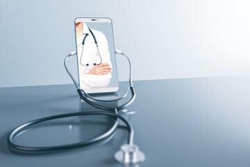 Wall Mural - Close up of empty cell phone screen with stethoscope on light background with mock up place. Online medicine, ask a doctor concept. 3D Rendering.