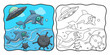 cartoon illustration two dolphins and a flying saucer coloring book or page for kids