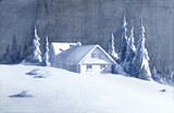 Fototapeta Do pokoju - Watercolor winter landscape. Cozy house among snow-covered trees. Winter landscape with a small house in the forest.
