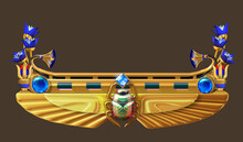 Decorative Border Element Adorned With Blue Gemstones, Floral Ornaments, And An Egyptian Winged Scarab Beetle. 3D Illustration Isolated On Dark Background