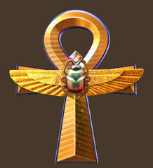 Representation of an ornate ankh cross, Egyptian hieroglyphic symbol of life. 3D illustration isolated on dark background