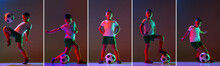 Collage Of Portraits Of Boy, Child Playing, Training Football Isolated Over Gradient Background In Neon Light