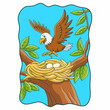 cartoon illustration the eagle perched on its nest in the tree