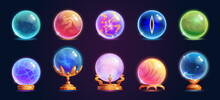 Glass Ball Magic Crystal With Golden Stand Isolated Cartoon Magical Objects Set. Vector Multicolor Glass Spheres Standing On Wooden Base. Fragile Balloons Of Sorcerers Fortune-tellers, Esoteric Cult