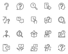 Set Of Vector Line Icons Related To Question. Question Mark, Surprised Man, Dialog, Search For Answers. Editable Stroke. 48x48 Pixel Perfect.