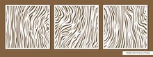 Set Of Decorative Square Panels With A Carved Pattern. Abstract Ornament Of Uneven Lines, Waves, Stripes. Wood Texture. Template For Plotter Laser Cutting Of Paper, Metal Engraving, Wood Carving, Cnc.