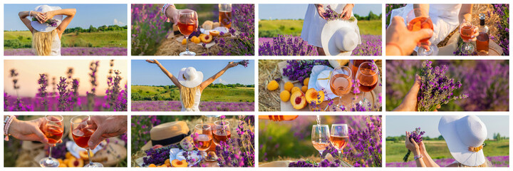 Picnic in lavender with wine collage. Selective focus.