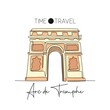Single one line drawing of welcome to Arc de Triomphe landmark. Historical iconic place in Paris. Tourism and travel greeting postcard concept. Modern continuous line draw design vector illustration