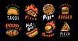Food label set. Badges for restaurant or cafe menu. Pizza, burger, hot dog, tacos