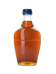 bottle of tasty maple syrup isolated on white