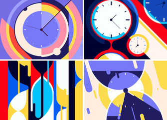 Wall Mural - Collection of banners with clocks. Placard designs in abstract style.