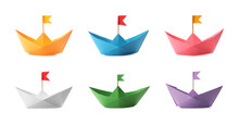 Set With Multicolor Paper Boats On White Background. Banner Design