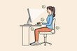 Girl sit at desk work on computer in correct position. Young woman keep right distance between eyes and posture at PC table. Ergonomic office job concept. Vector illustration, cartoon character. 