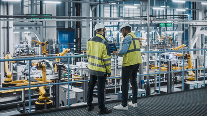 Poster - Two Car Factory Specialists in High Visibility Vests Using Laptop Computer. Engineers Discussing Automotive Industrial Manufacturing Facility Process of Vehicle Production. Automated Assembly Plant.